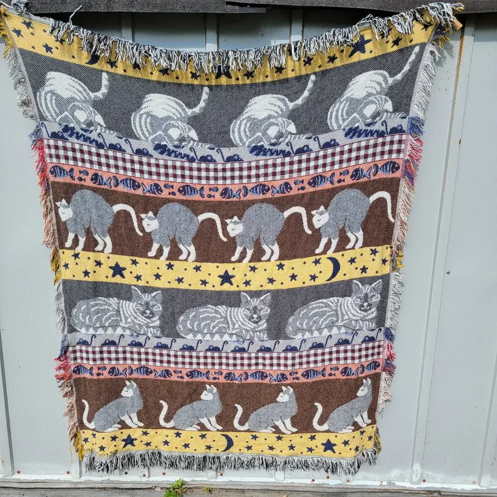 VINTAGE Crown Craft Woven Cotton Cat Tapestry Throw w/ Fringe